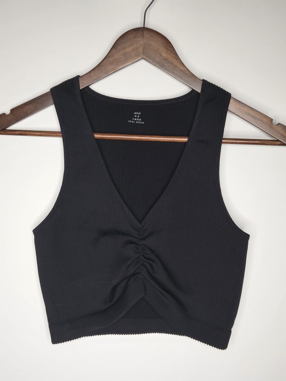 AE-Aerie Real Good Black Ribbed V-Neck Ruched Front Crop Tank Top/Sports Bra M